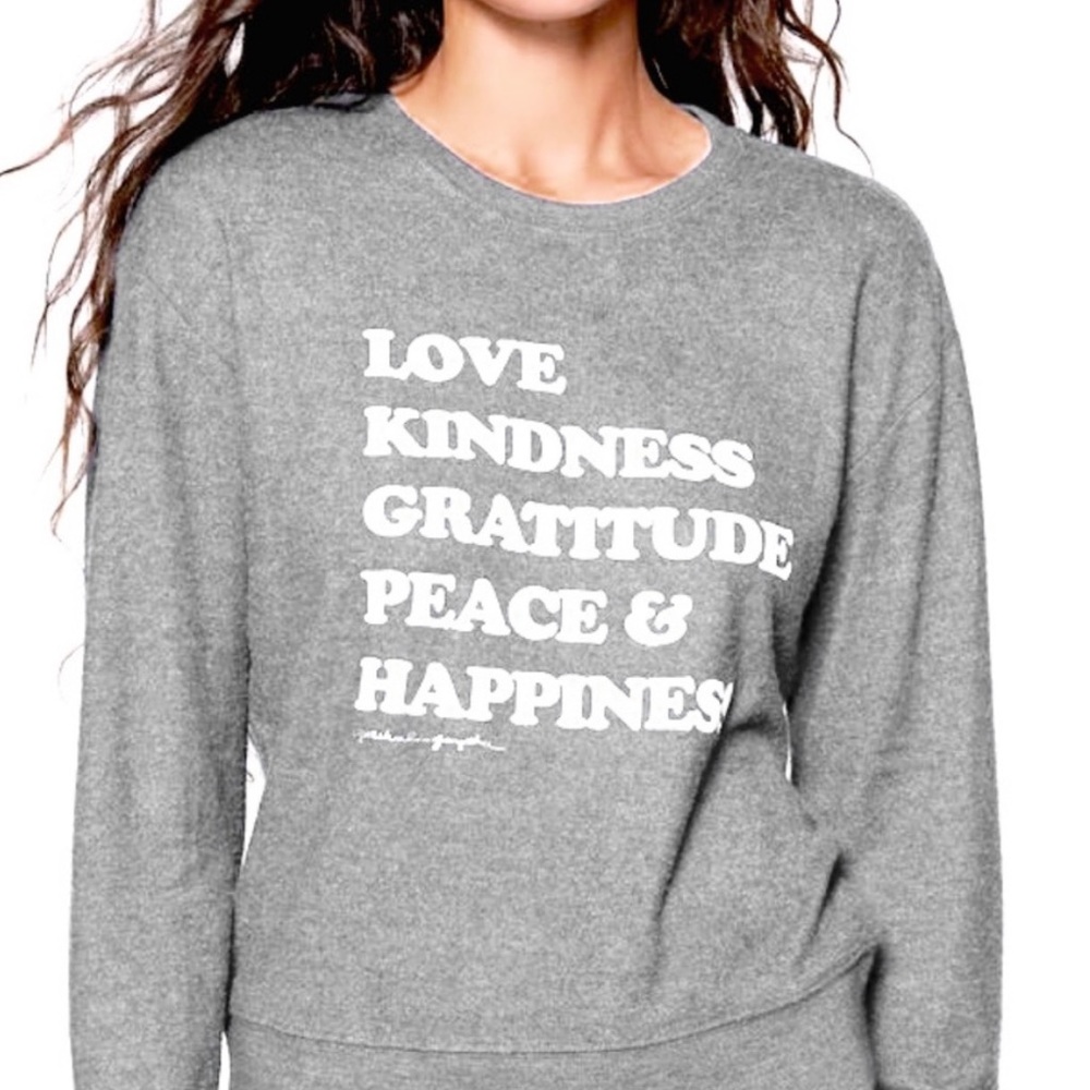 NWT Spiritual Gangster Happiness Crew Neck Savasana Gray Gold White Sweater Top